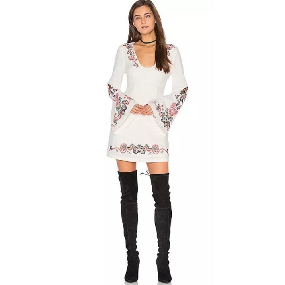 Free People Holiday Folk Mini Dress Womens 4‎ Ivory Embroidered Boho Festival